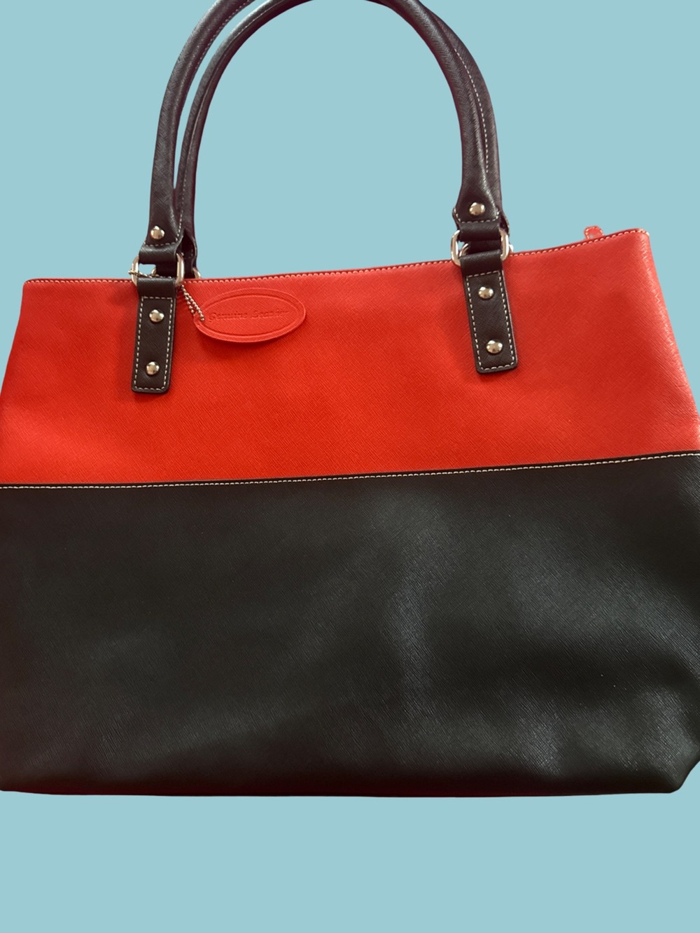 Classic Two-Tone Red and Black Tote Bag genuine leather with jewelry gift